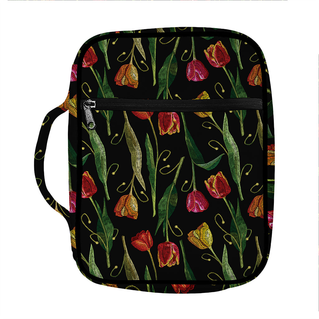 Embroidery Tulip Pattern Print Front Pocket Bible Bag