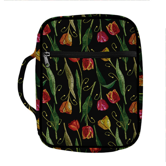 Embroidery Tulip Pattern Print Front Pocket Bible Bag