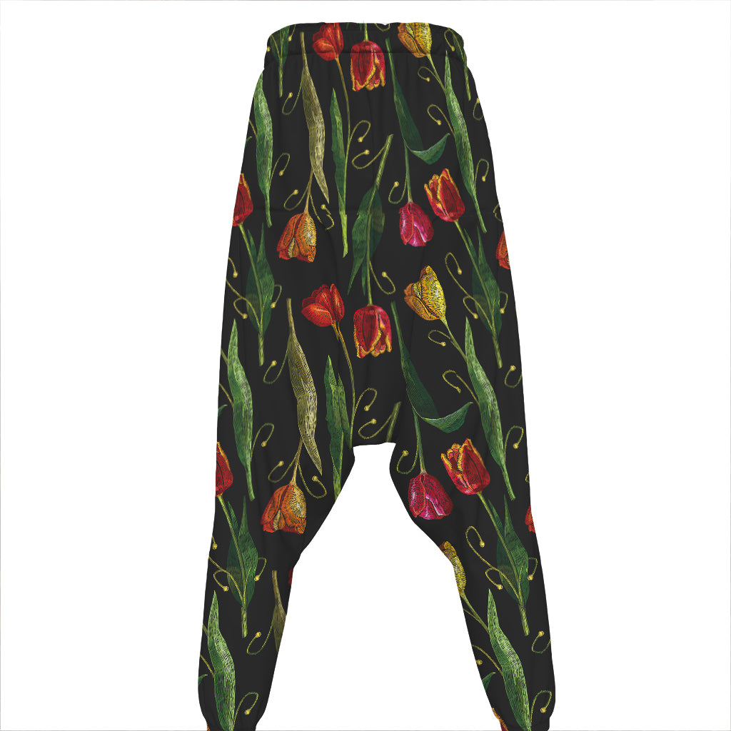 Embroidery Tulip Pattern Print Hammer Pants