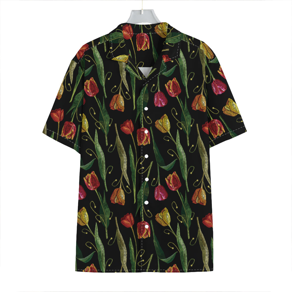 Embroidery Tulip Pattern Print Hawaiian Shirt