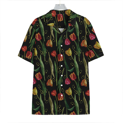 Embroidery Tulip Pattern Print Hawaiian Shirt