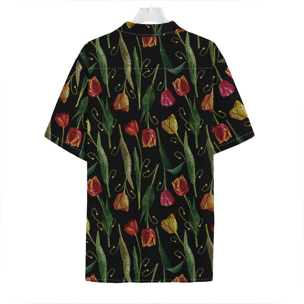 Embroidery Tulip Pattern Print Hawaiian Shirt