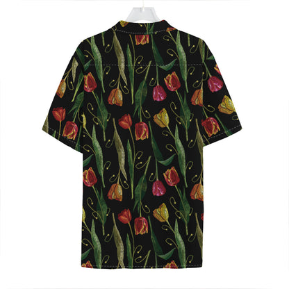 Embroidery Tulip Pattern Print Hawaiian Shirt