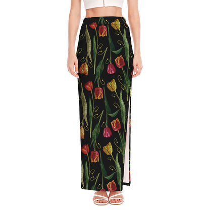Embroidery Tulip Pattern Print High Slit Maxi Skirt