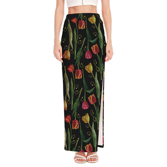 Embroidery Tulip Pattern Print High Slit Maxi Skirt