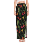 Embroidery Tulip Pattern Print High Slit Maxi Skirt