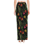 Embroidery Tulip Pattern Print High Slit Maxi Skirt