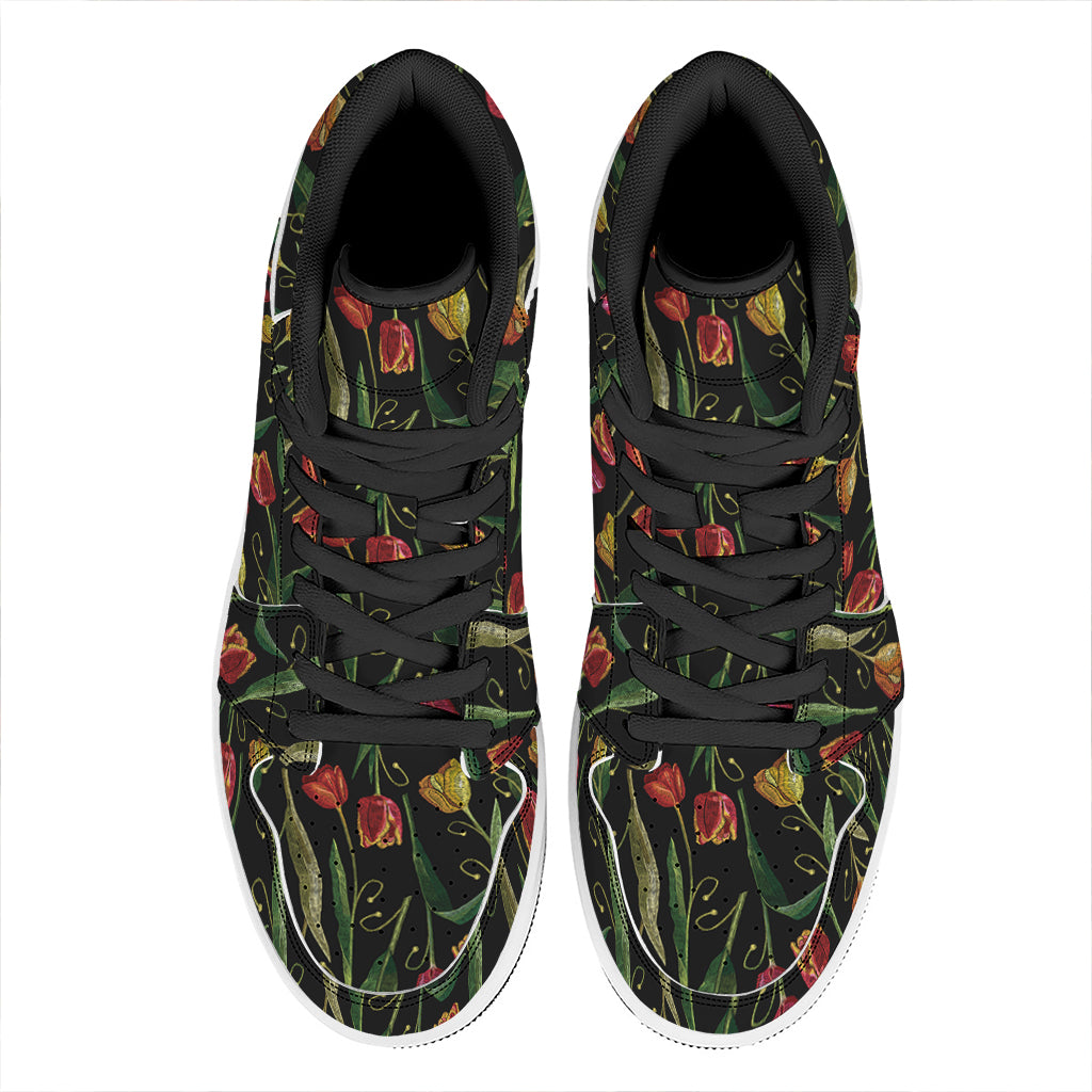 Embroidery Tulip Pattern Print High Top Leather Sneakers