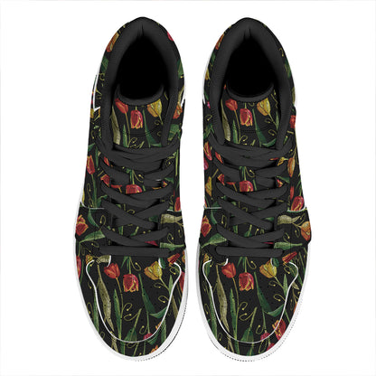 Embroidery Tulip Pattern Print High Top Leather Sneakers