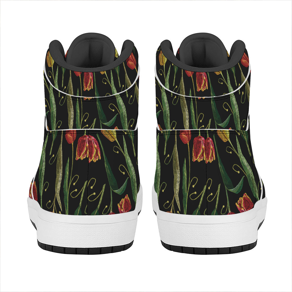 Embroidery Tulip Pattern Print High Top Leather Sneakers