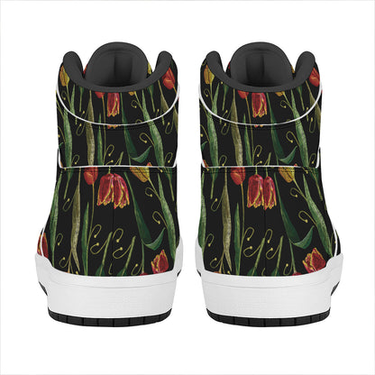 Embroidery Tulip Pattern Print High Top Leather Sneakers