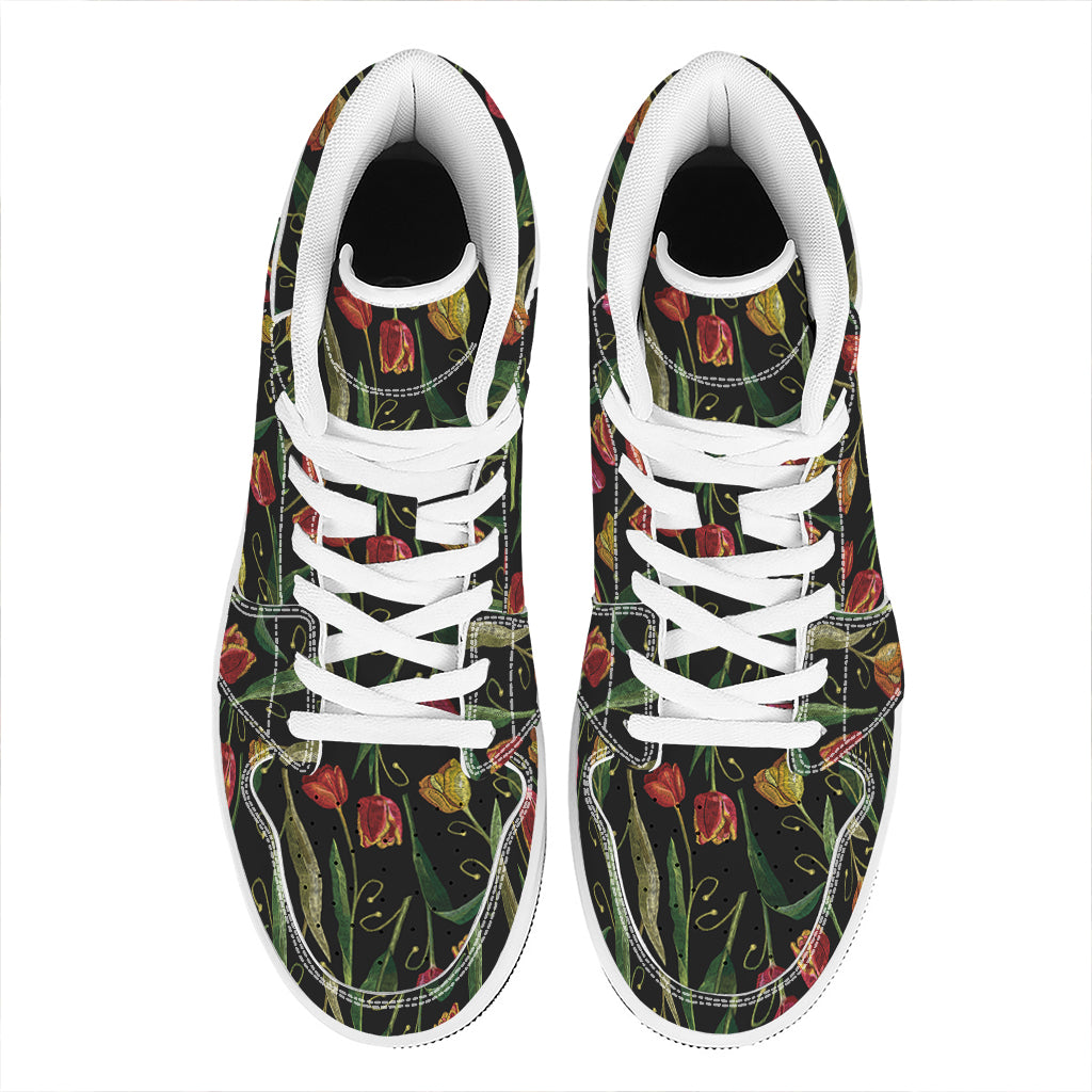 Embroidery Tulip Pattern Print High Top Leather Sneakers