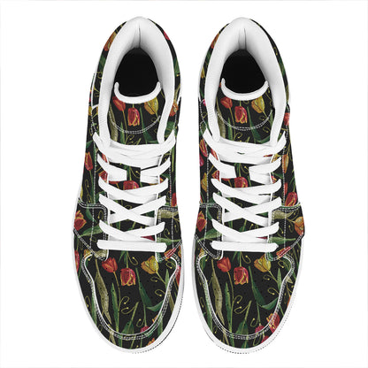Embroidery Tulip Pattern Print High Top Leather Sneakers