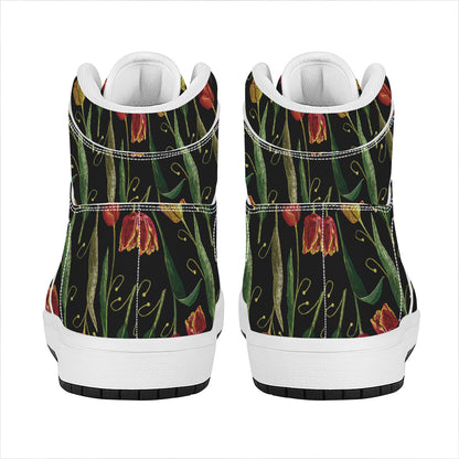 Embroidery Tulip Pattern Print High Top Leather Sneakers