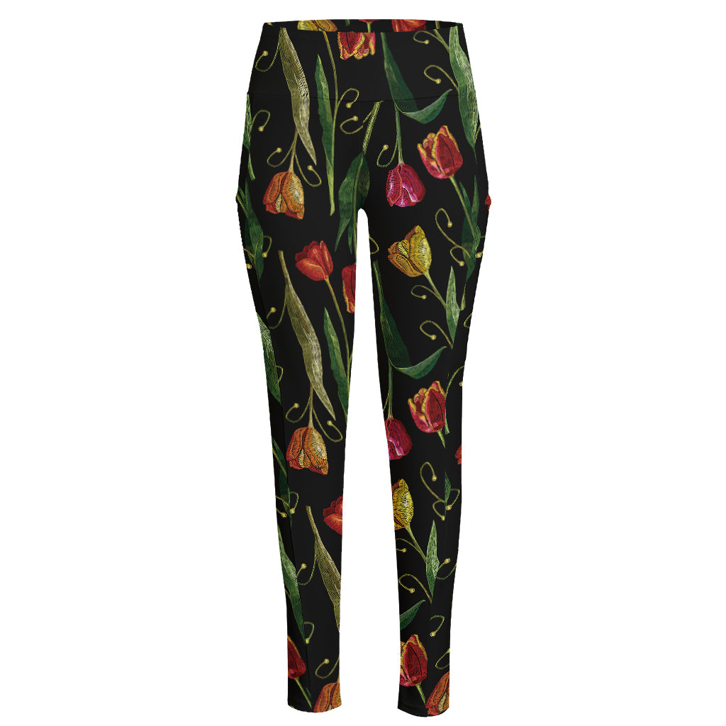 Embroidery Tulip Pattern Print High-Waisted Pocket Leggings