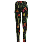 Embroidery Tulip Pattern Print High-Waisted Pocket Leggings