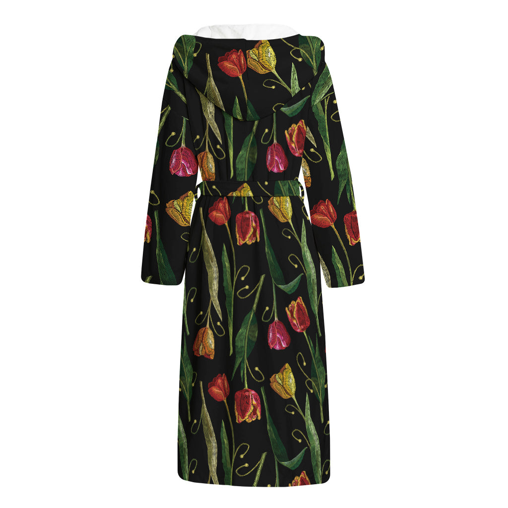 Embroidery Tulip Pattern Print Hooded Bathrobe