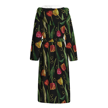 Embroidery Tulip Pattern Print Hooded Bathrobe