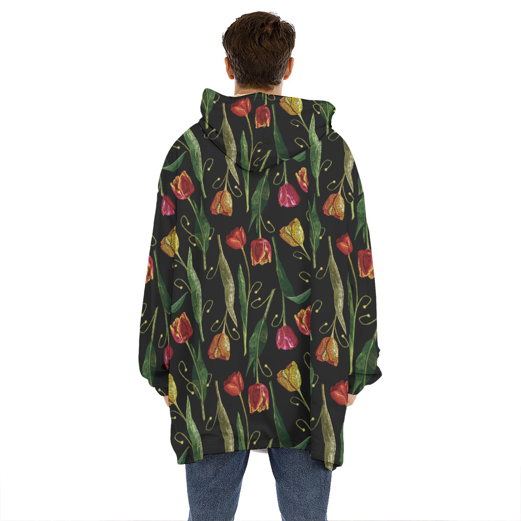 Embroidery Tulip Pattern Print Hoodie Blanket