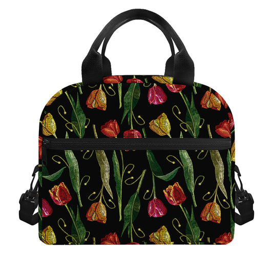Embroidery Tulip Pattern Print Insulated Lunch Bag