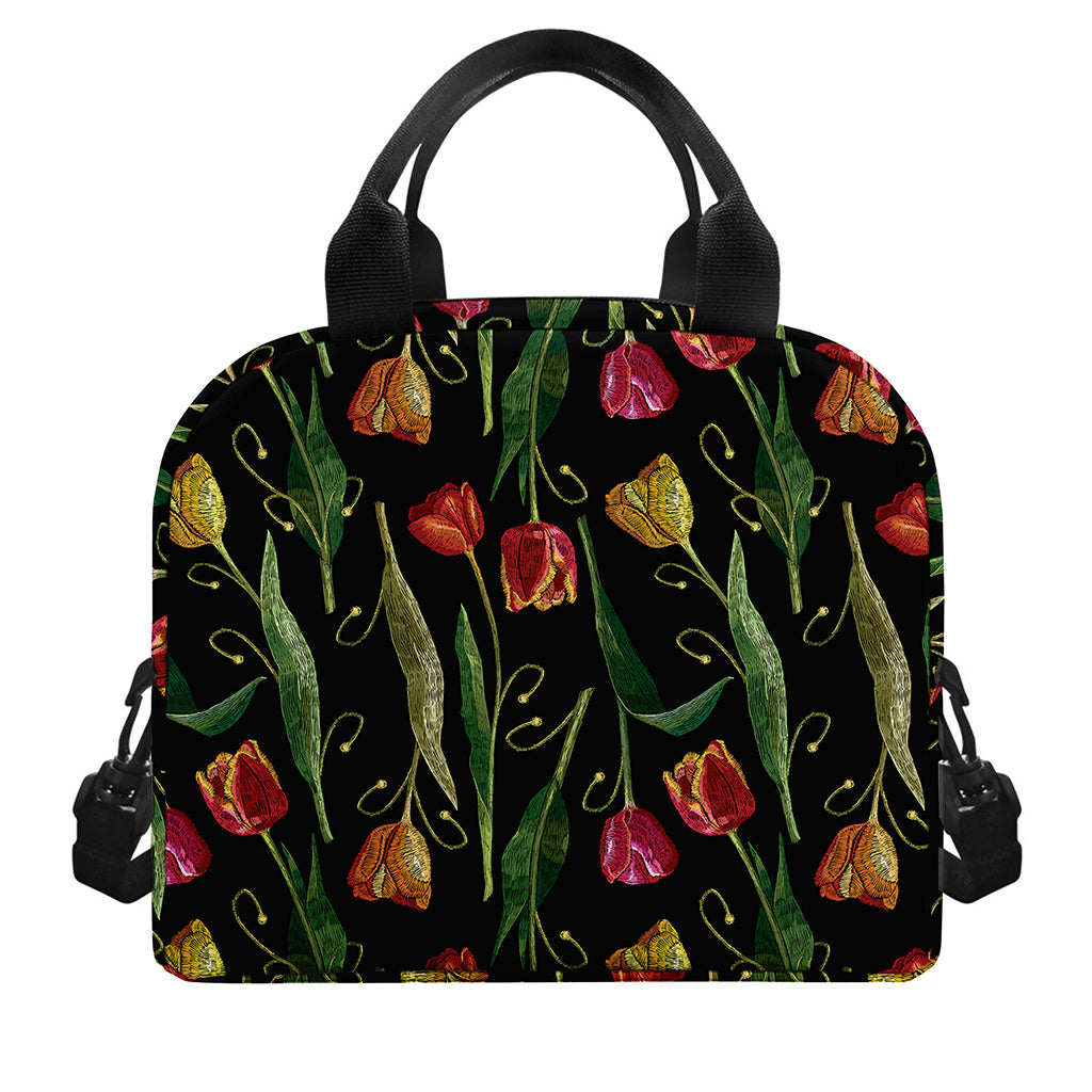 Embroidery Tulip Pattern Print Insulated Lunch Bag