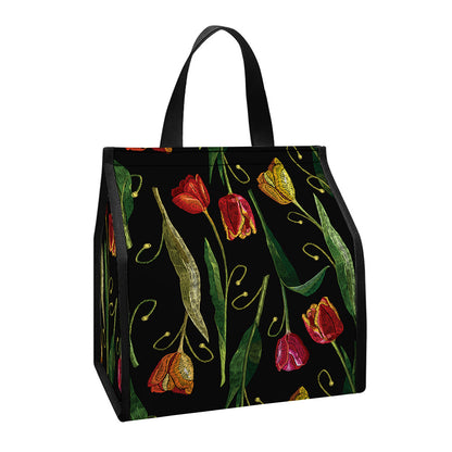 Embroidery Tulip Pattern Print Insulated Lunch Tote
