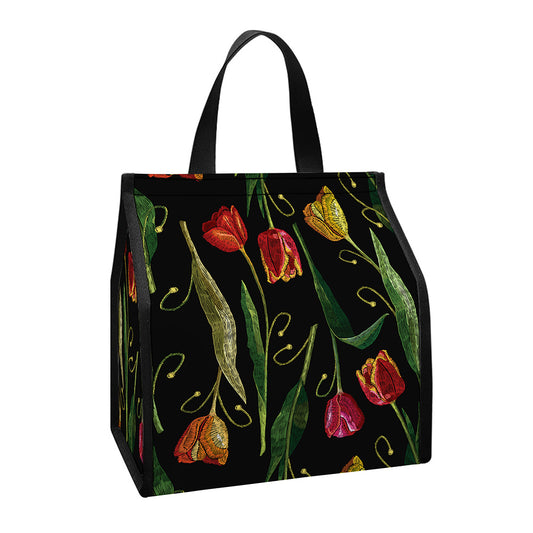 Embroidery Tulip Pattern Print Insulated Lunch Tote
