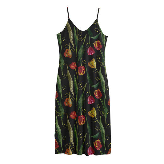 Embroidery Tulip Pattern Print Jersey Midi Cami Dress