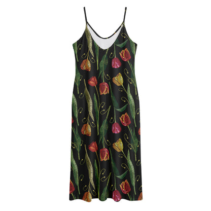 Embroidery Tulip Pattern Print Jersey Midi Cami Dress