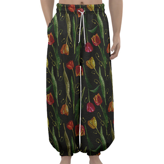 Embroidery Tulip Pattern Print Lantern Pants