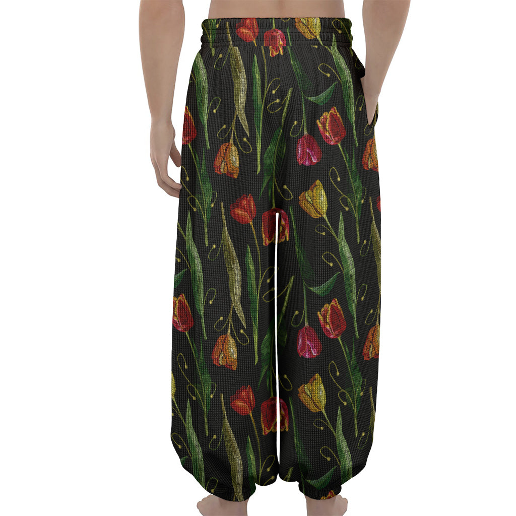 Embroidery Tulip Pattern Print Lantern Pants