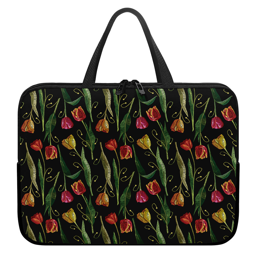 Embroidery Tulip Pattern Print Laptop Sleeve With Handle