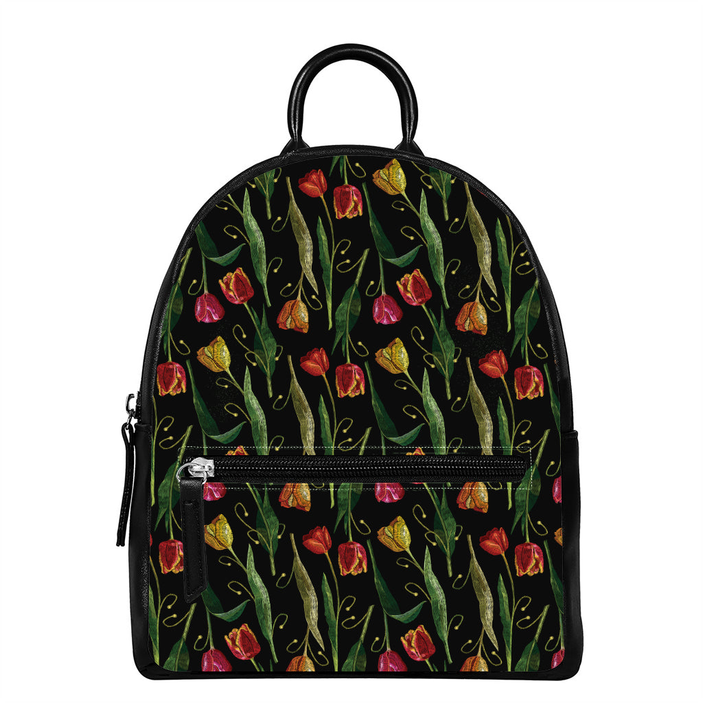 Embroidery Tulip Pattern Print Leather Backpack