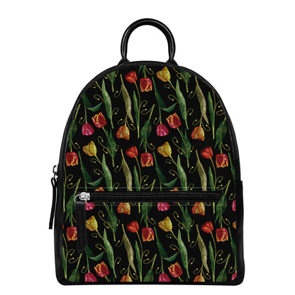 Embroidery Tulip Pattern Print Leather Backpack