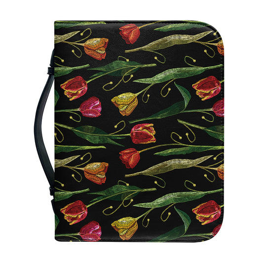 Embroidery Tulip Pattern Print Leather Bible Cover