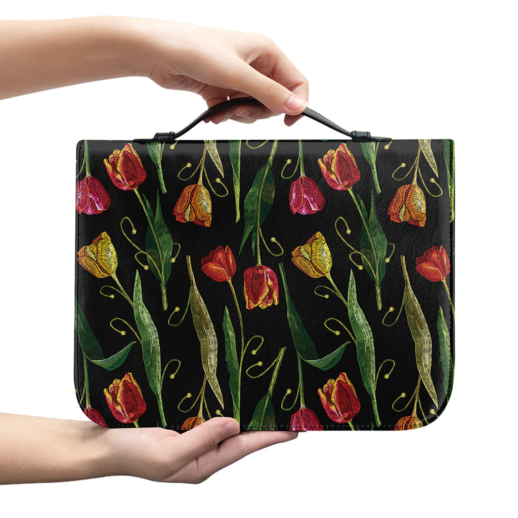 Embroidery Tulip Pattern Print Leather Bible Cover