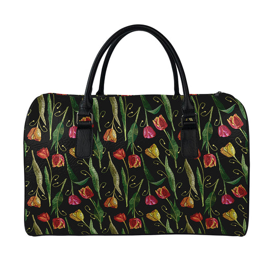 Embroidery Tulip Pattern Print Leather Duffle Bag