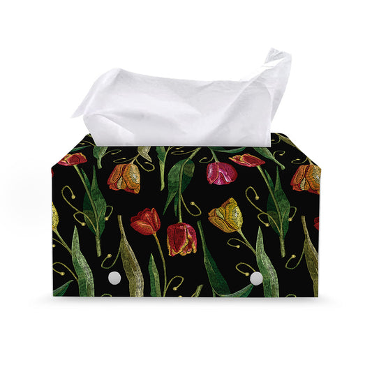 Embroidery Tulip Pattern Print Leather Tissue Box Cover