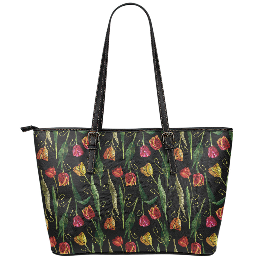 Embroidery Tulip Pattern Print Leather Tote Bag