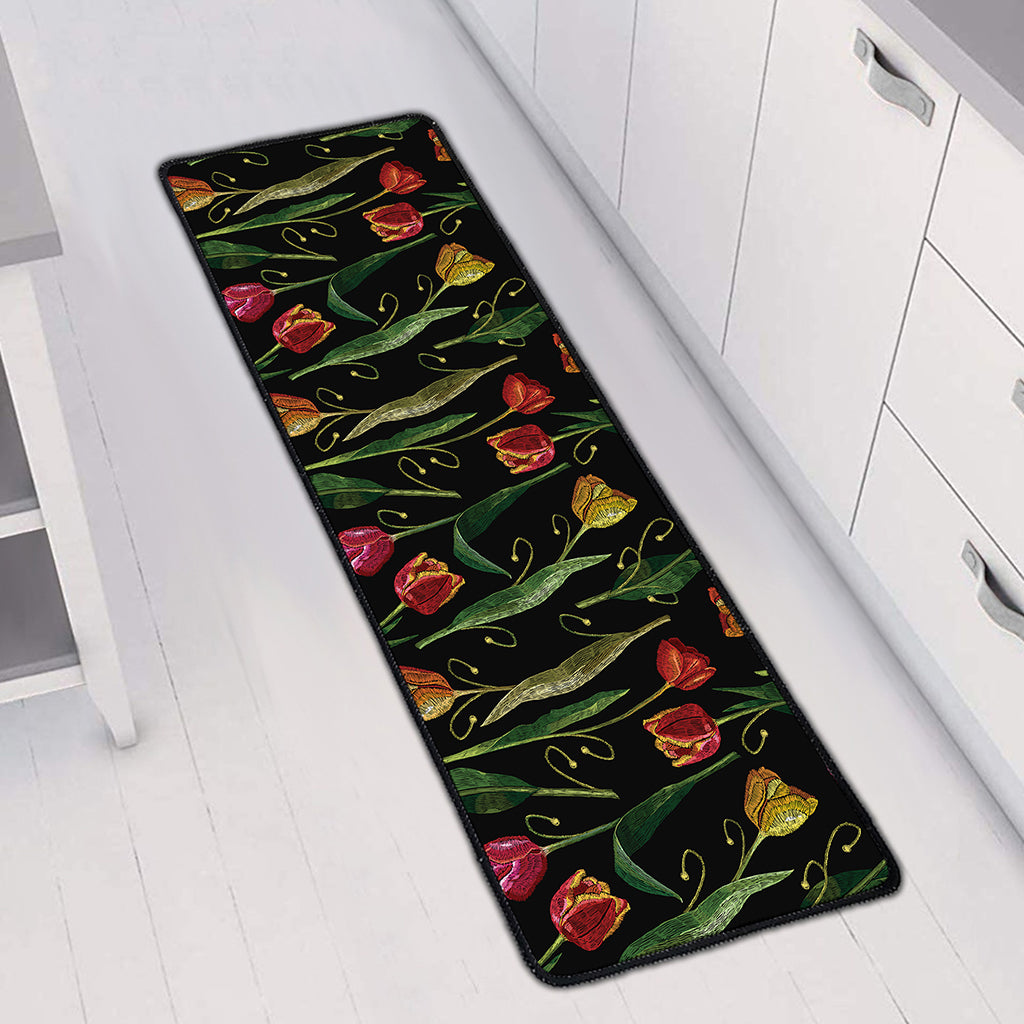 Embroidery Tulip Pattern Print Long Kitchen Mat