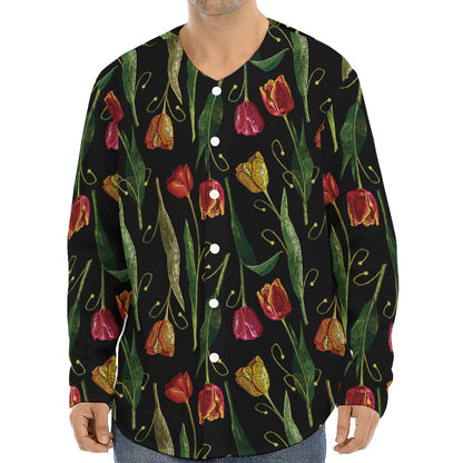 Embroidery Tulip Pattern Print Long Sleeve Baseball Jersey