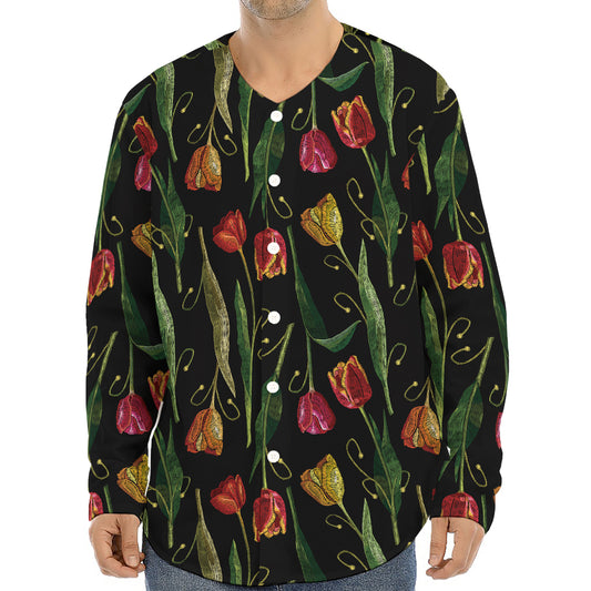 Embroidery Tulip Pattern Print Long Sleeve Baseball Jersey