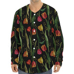 Embroidery Tulip Pattern Print Long Sleeve Baseball Jersey