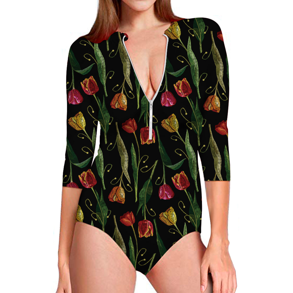 Embroidery Tulip Pattern Print Long Sleeve Swimsuit