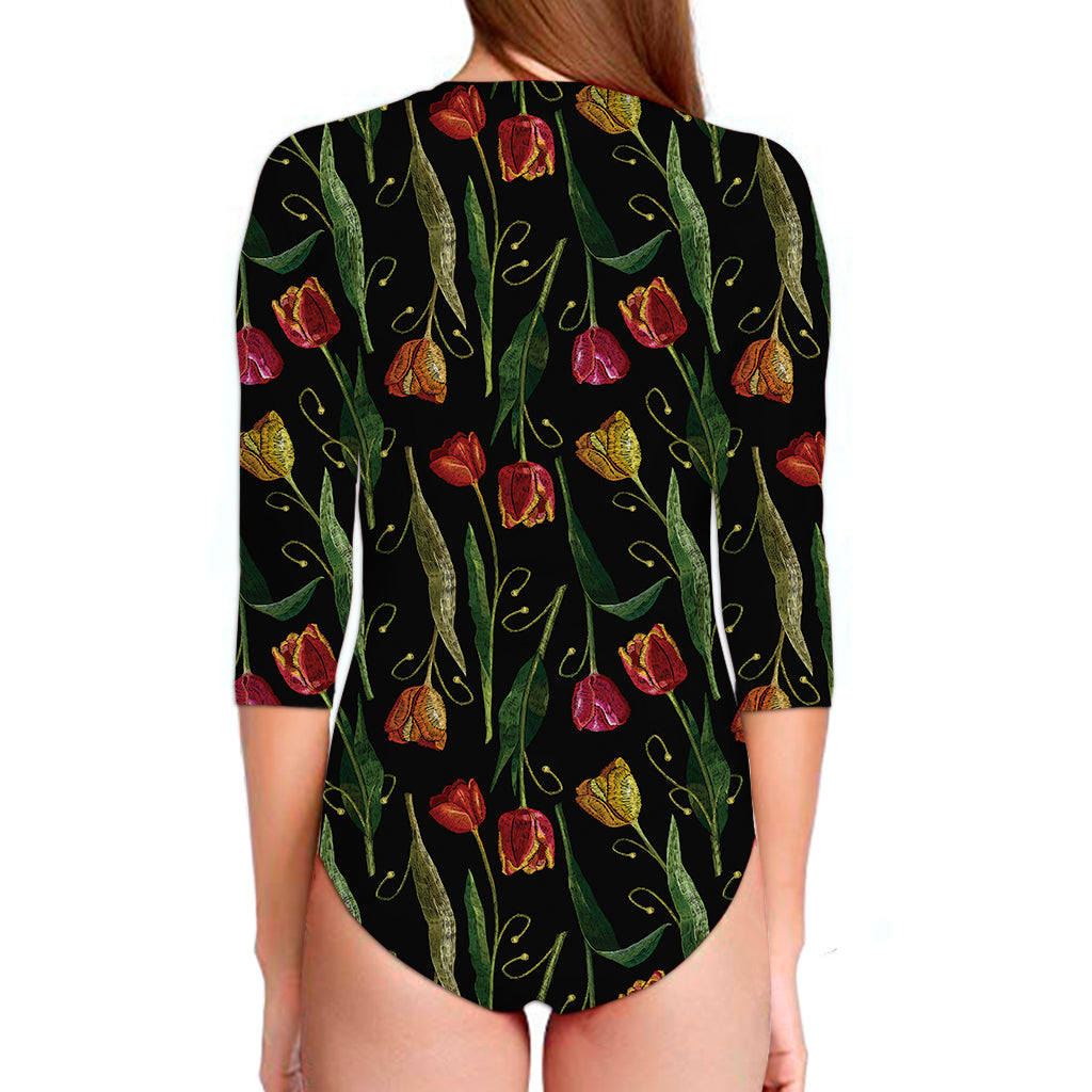 Embroidery Tulip Pattern Print Long Sleeve Swimsuit