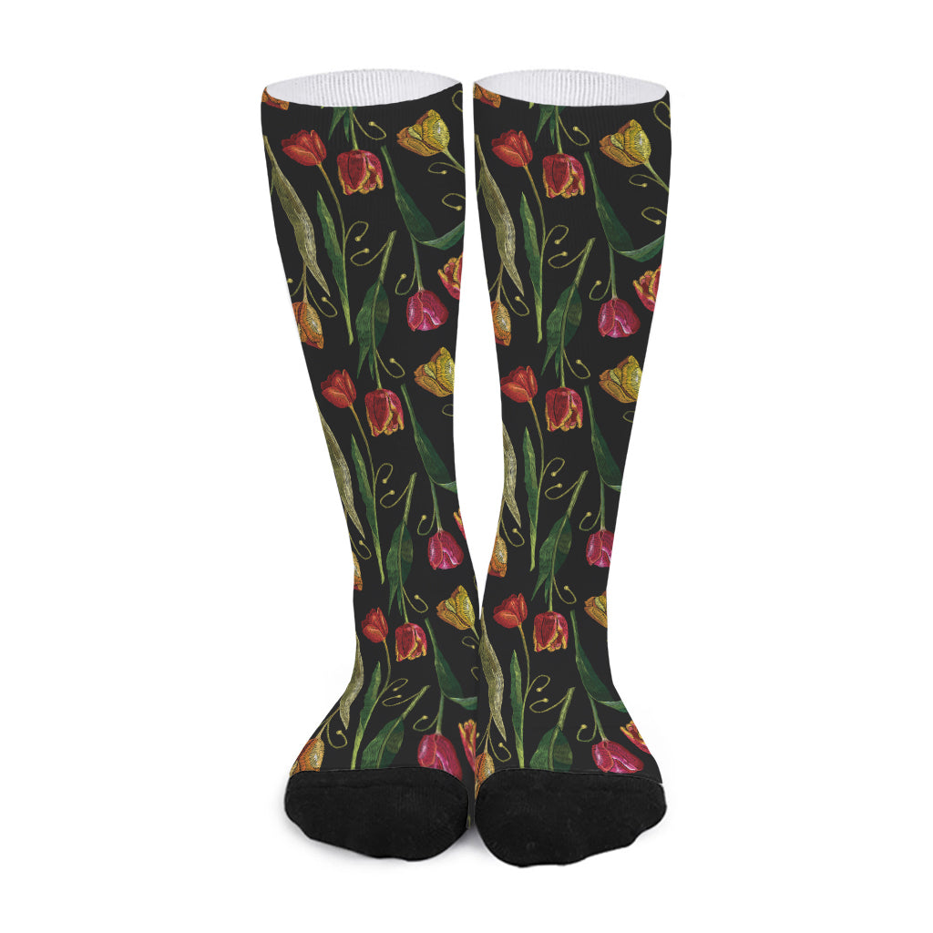 Embroidery Tulip Pattern Print Long Socks
