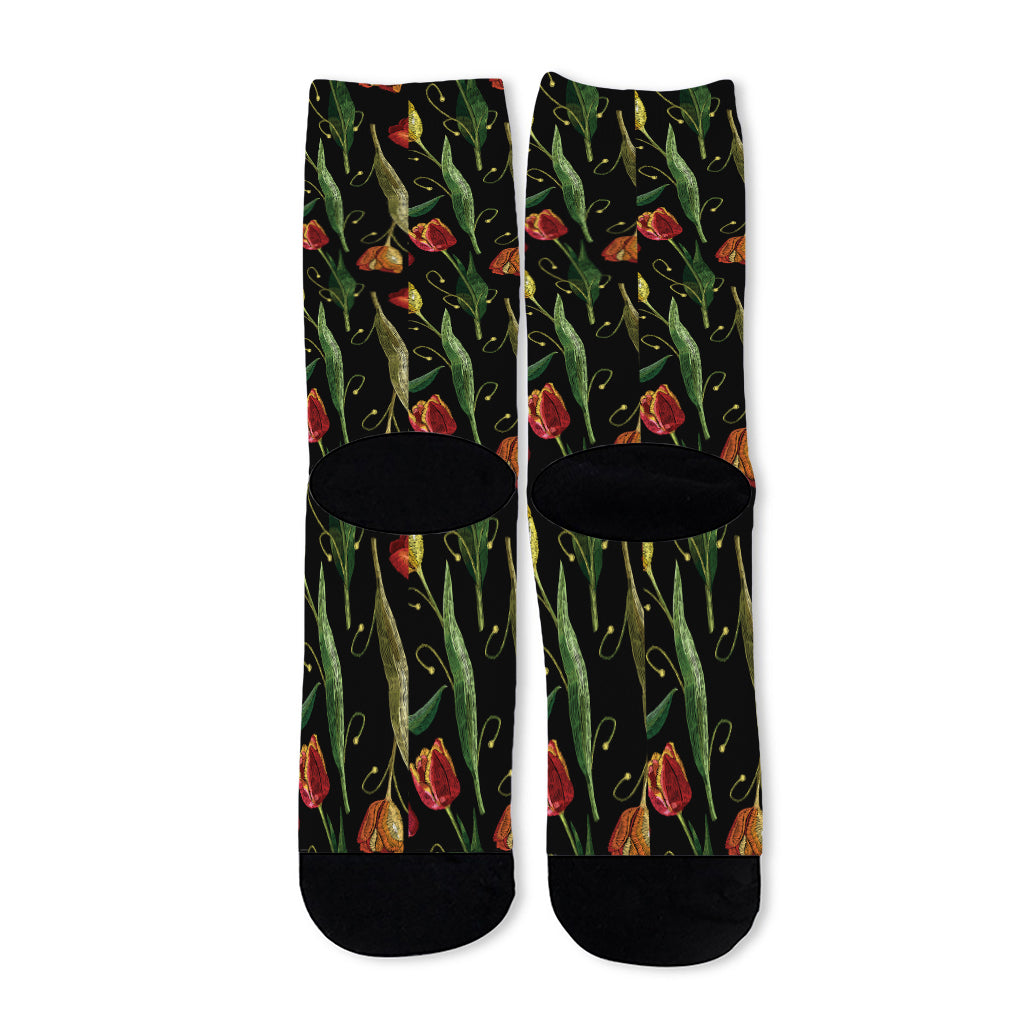Embroidery Tulip Pattern Print Long Socks