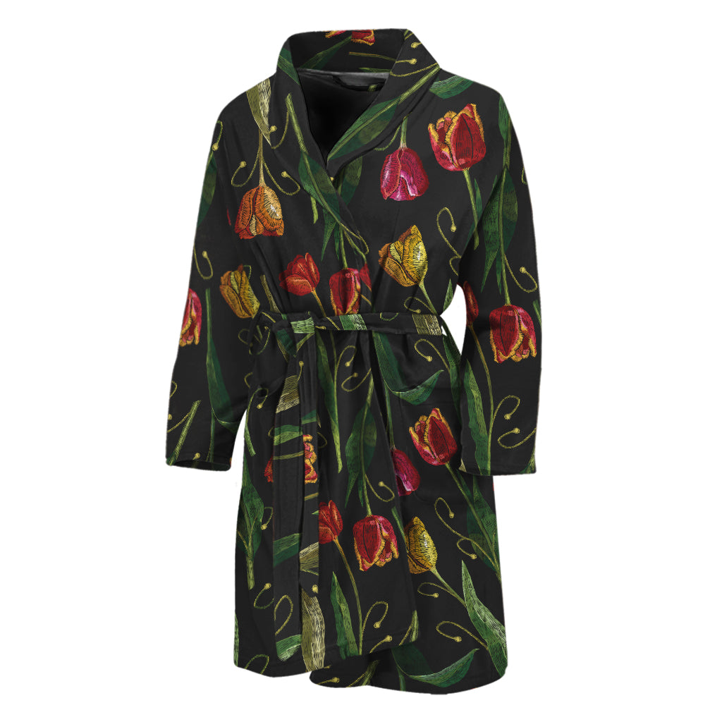 Embroidery Tulip Pattern Print Men's Bathrobe