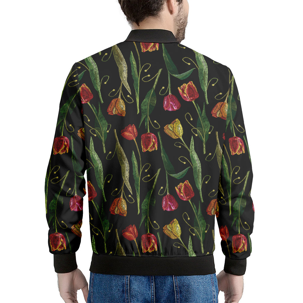 Embroidery Tulip Pattern Print Men's Bomber Jacket