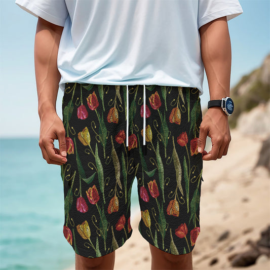 Embroidery Tulip Pattern Print Men's Cargo Shorts